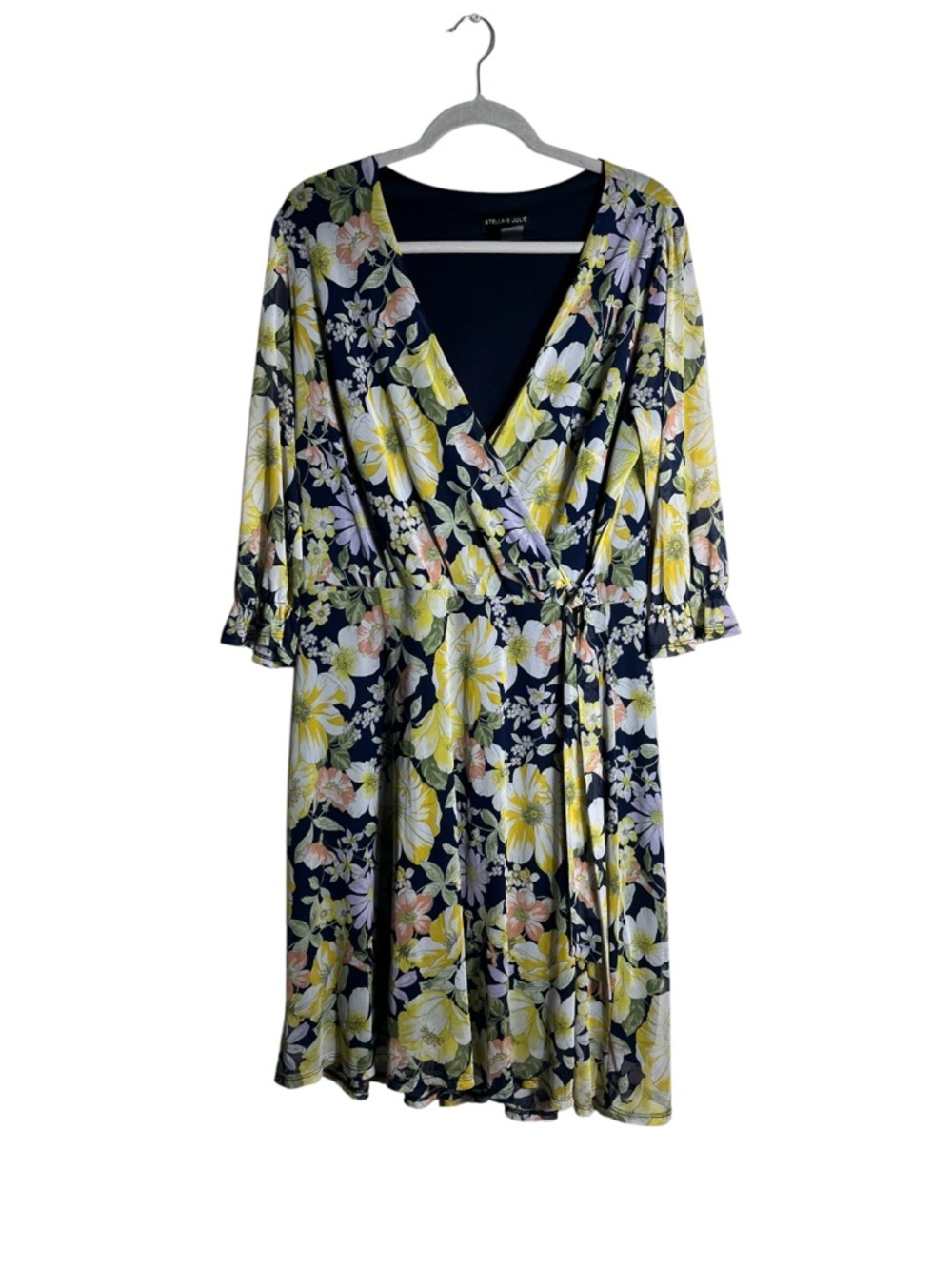 Stella & Julie Floral Wrap Dress 18W Navy Yellow Midi Boho Plus Size